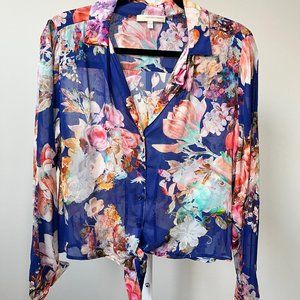 Lavender Brown floral sheer blouse with tie waist | size S